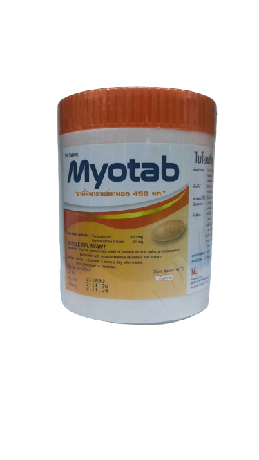 MYOTAB 500'S ส้มรี(NORGESIC)NL. มัยโอแทป กระปุก 500 เม็ด (ส้มรี) (Paracetamol 450mg+Orphenadrine35mg)