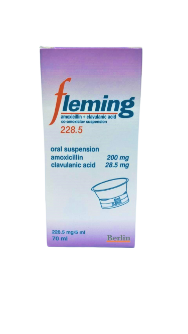 FLEMING SUSP.228MG 70ML. เฟลมมิ่ง ซัสเพนชั่น 228.5 มิลลิกรัม*ขายขาด (Amoxicillin,Clavulanic Acid)