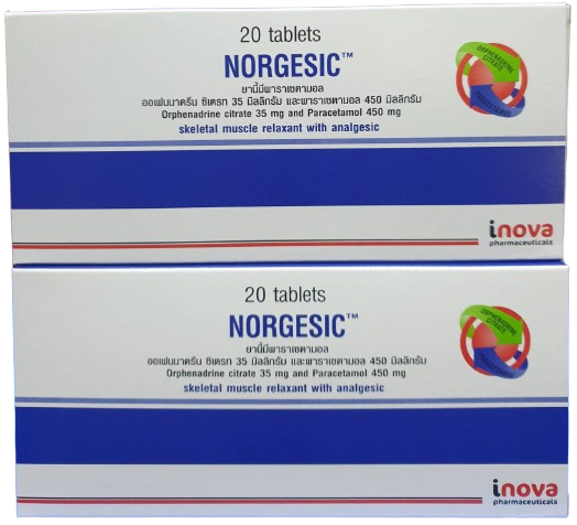 NORGESIC 2*10'S. นอร์จิสิค (Paracetamol+Orphenadrine)