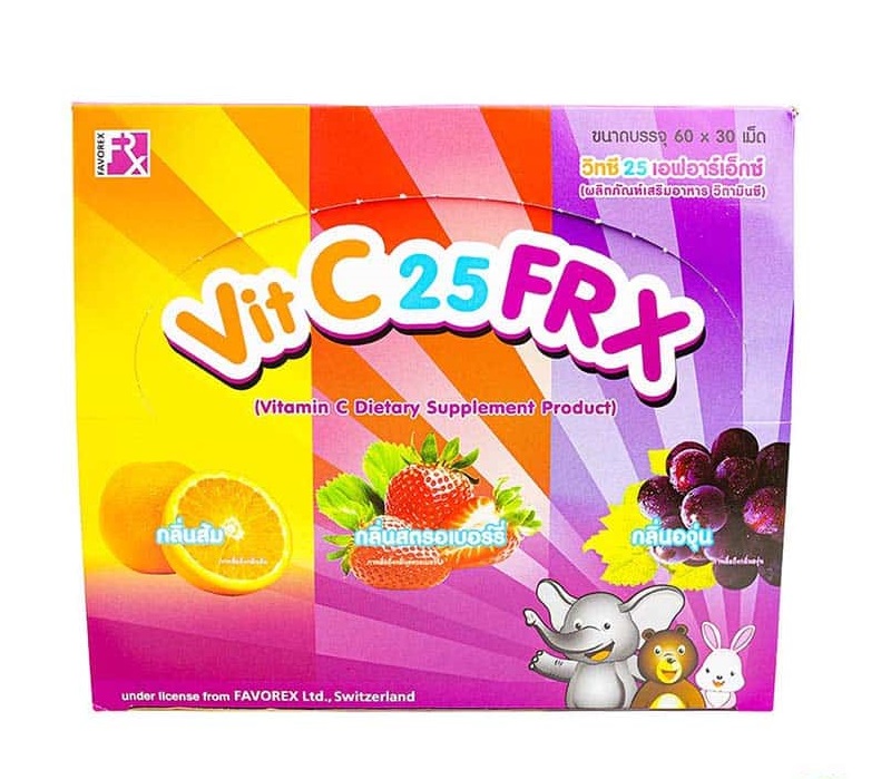 VIT C 25 FRX 30 เม็ด คละรส(ส้ม, สตอ, องุ่น) วิตามินซี แบบซอง 30 เม็ด คละรส กล่อง 60 ซอง (รสชาติละ 20 ซอง) (Vitamin C)