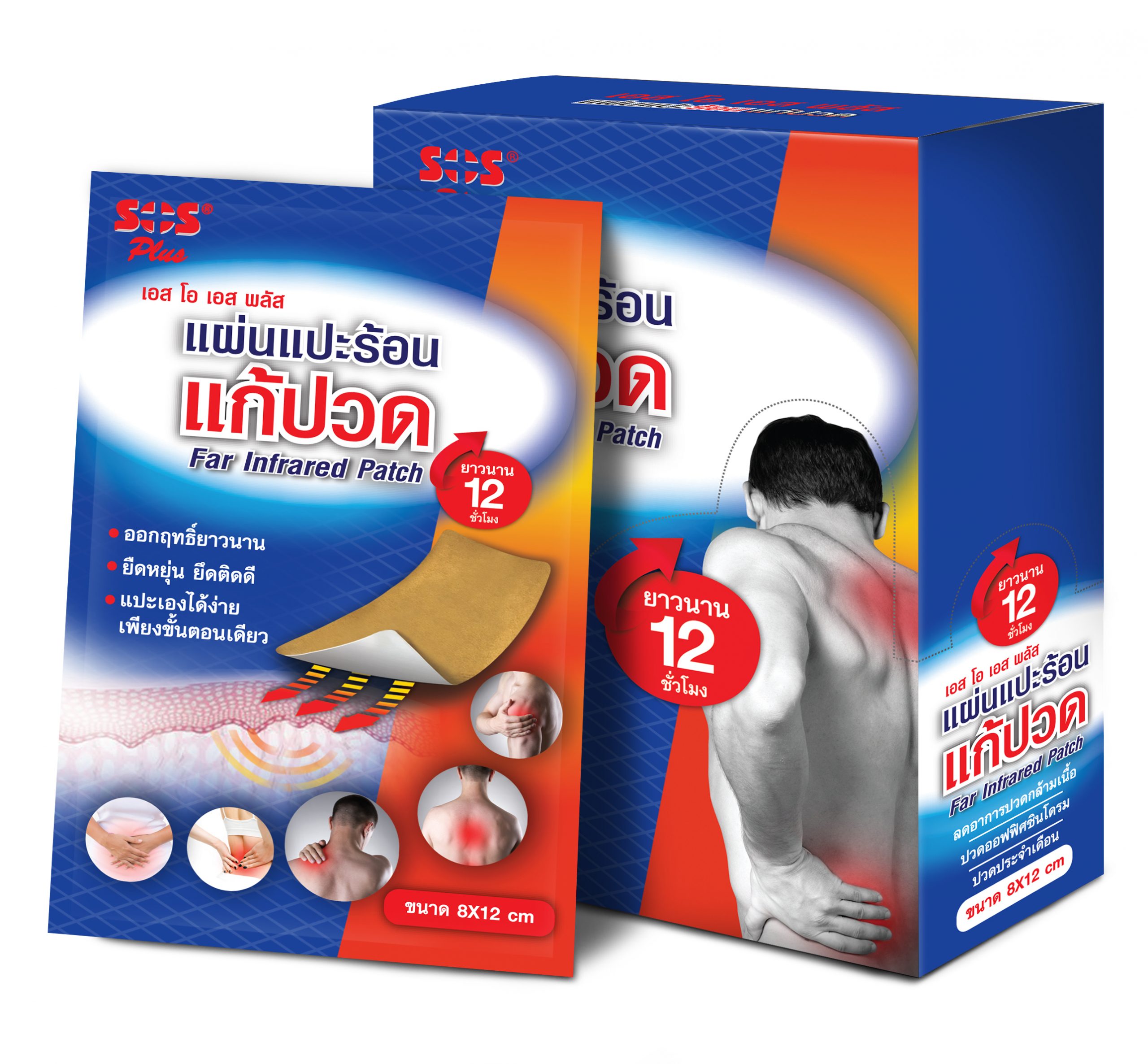 SOS PLUS FAR INFRARED PATCH 8*12cm. เอส โอ เอส พลัส แผ่นแปะร้อน 8x12cm.