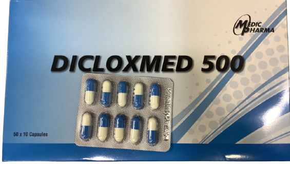 DICLOXMED 500MG.50*10'S ไดคล็อกเมด 500 มิลลิกรัม ฟ้า-ขาว (Dicloxacillin)