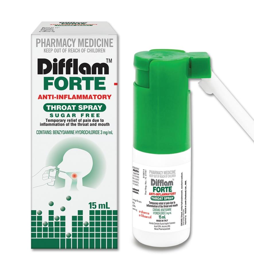 DIFFLAM FORTE THROAT SPRAY 15ML. ดิฟแฟลม ฟอร์ท ทรอส สเปรย์ 15 มิลลิลิตร*ขายขาด (Benzydamine)