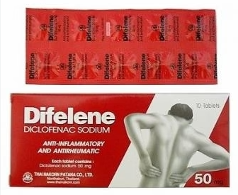 DIFELENE 50MG.1*10'S. ไดฟีลีน 50 มิลลิกรัม (กล่องสีแดง)(Diclofenac)