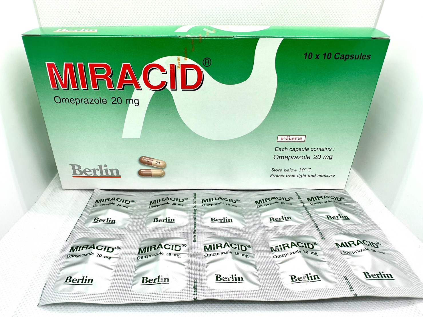 MIRACID 20MG.10*10'S. มิราซิด 20 มก.(1กล่อง=10แผง) (Omeprazole)