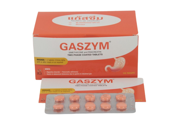 GASZYM 10*10'S.*ขายขาด แก๊สซิม (Pancreatin+Simethicone)