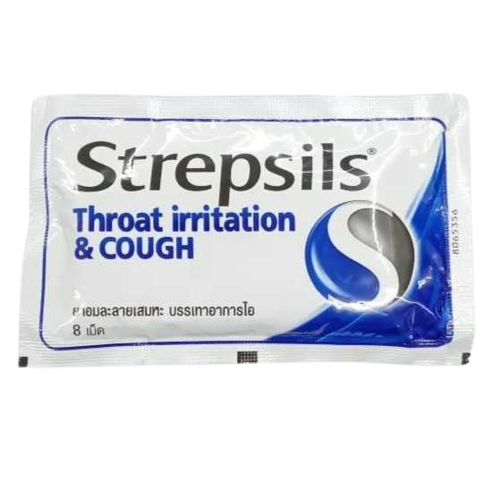 STREPSILS สเตร็ปซิล โทรท เออริเทชั่น แอนด์ คอฟ ชนิดซอง 8เม็ด(**ขายขาด)