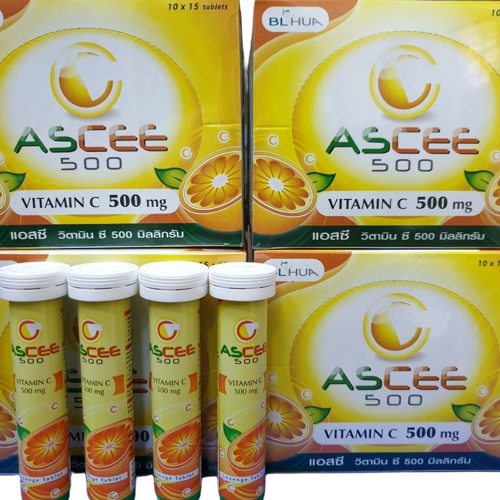 ASCEE 500MG. 10*15'S (VIT C อม) แอสซี 500มิลลิกรัม หลอด 15เม็ด(สูตรไฮซี) วิตามินซี อม (Vitamin C 500mg)