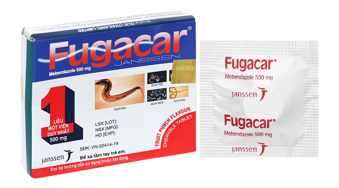 FUGACAR 500MG.รสผลไม้ 1'S. ฟูกาคาร์ 500 มิลลิกรัม (กล่อง 1 เม็ด) (Mebendazole)