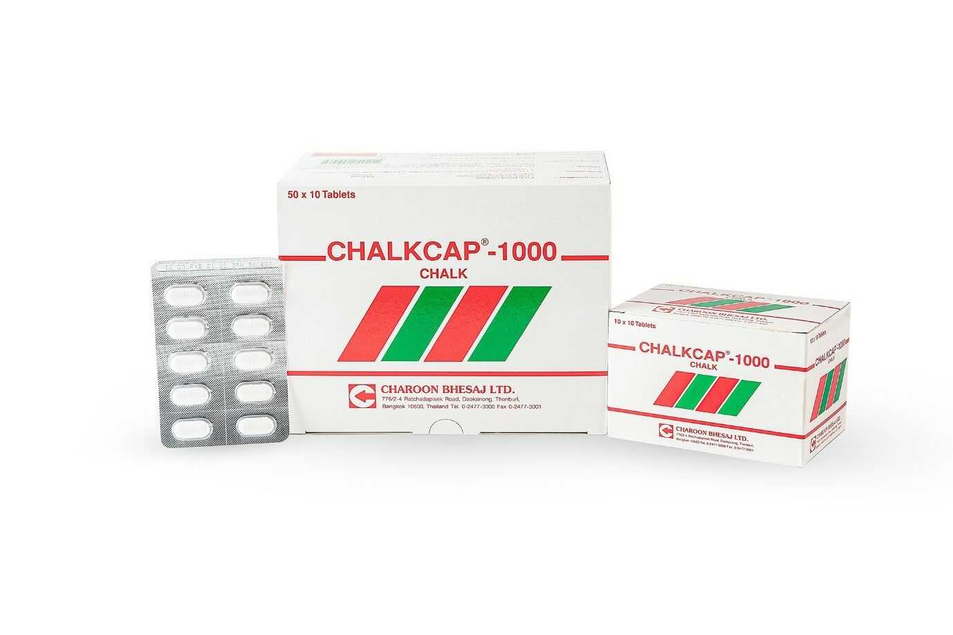 CHALKCAP 1000MG.10'S. ชอล์คแค็ป 1000 มิลลิกรัม(แคลเซียมแผง) กล่อง 10แผง (Calcium Carbonate)