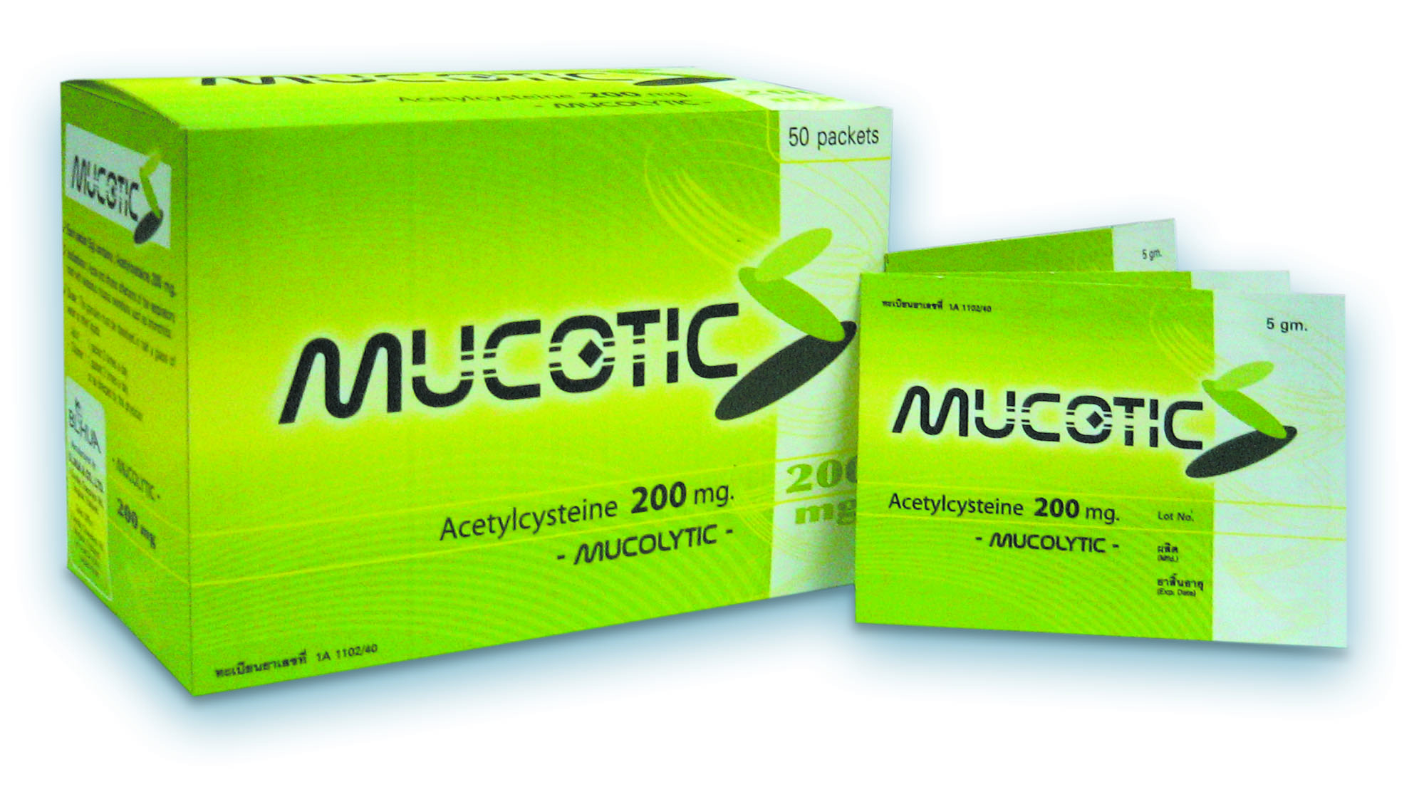 MUCOTIC 200MG มิวโคติก 200มก. (กลิ่นเมล่อน) กล่อง50ซอง *ขายขาด* (Acetylcysteine)