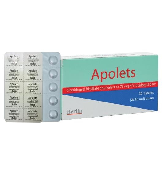 APOLETS 75MG. 3*10'S. อาโพเล็ทส์ 75 มิลลิกรัม 10เม็ด (Clopidogrel)