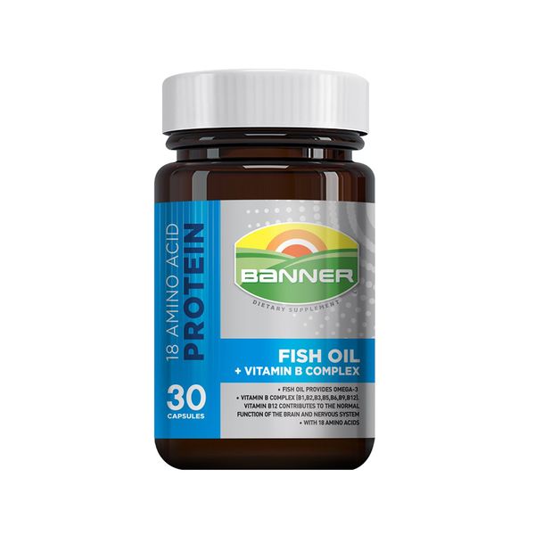 BANNER FISH OIL+VIT B COMPLEX 30'S. แบนเนอร์ ไบร์ท  ขวด 30 เม็ด แพ็กเกจใหม่ (สีฟ้า) (Amino Acid)